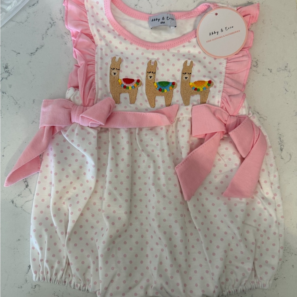 Pink Polka Dot Baby Romper with alpaca Design